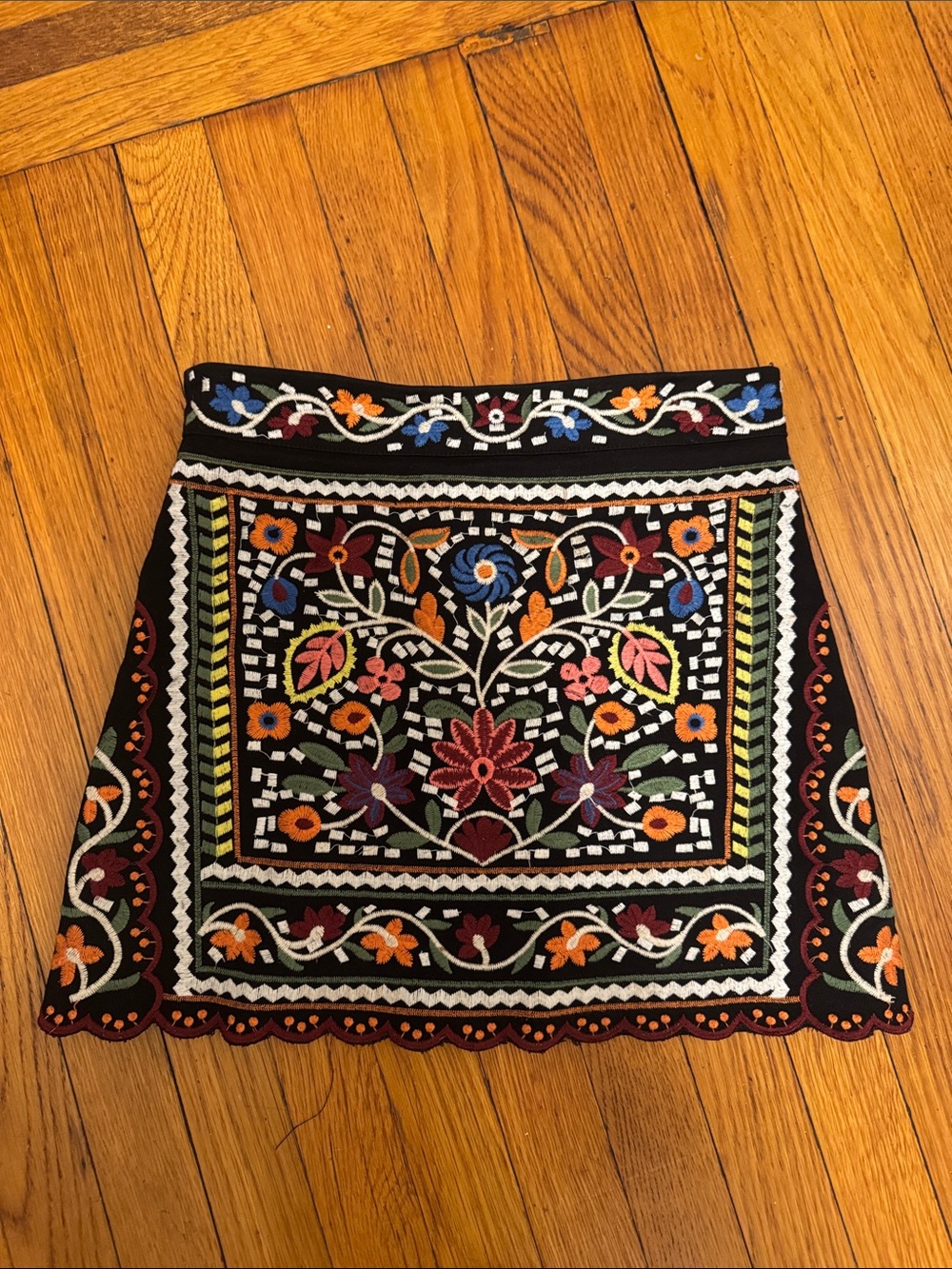 emory park Black Embroidered Floral Mini Skirt with Multicolor Motifs